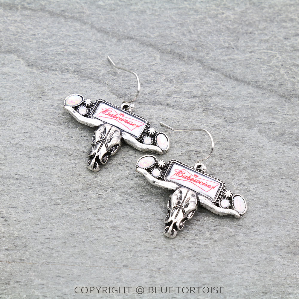 Western Steer Skull with Beer Logo Dangle Earrings