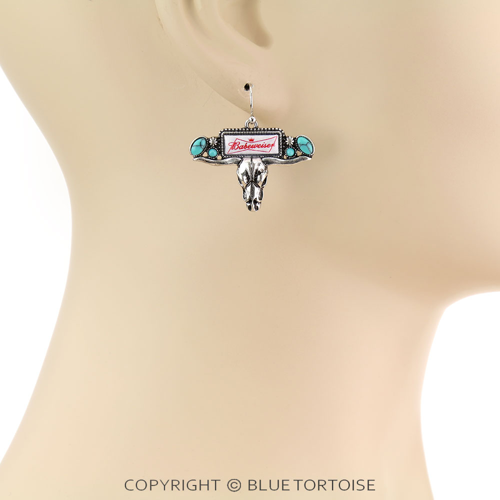 Western Steer Skull with Beer Logo Dangle Earrings - Image 2