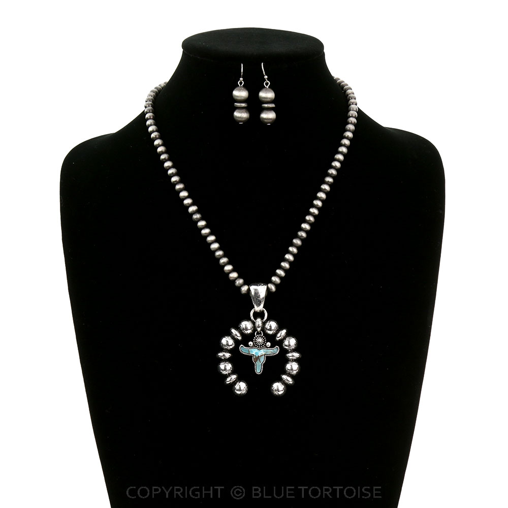 Squash Blossom with Steer Skull Pendant Necklace Set - Image 2