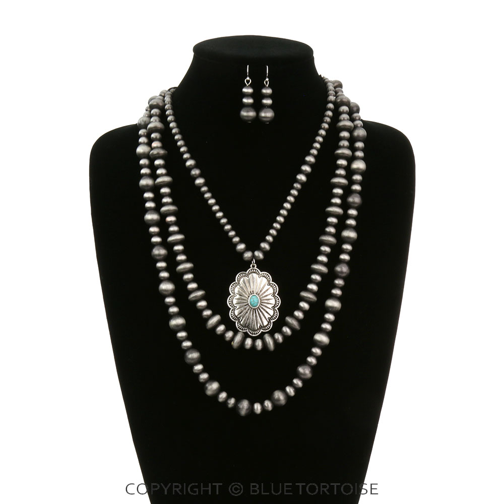 Navajo Style Pearl Multi-Strand with Concho Necklace Set - Image 2