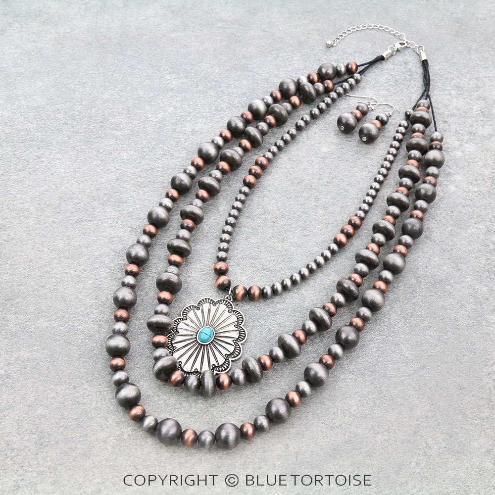 Navajo Style Pearl Multi-Strand with Concho Necklace Set