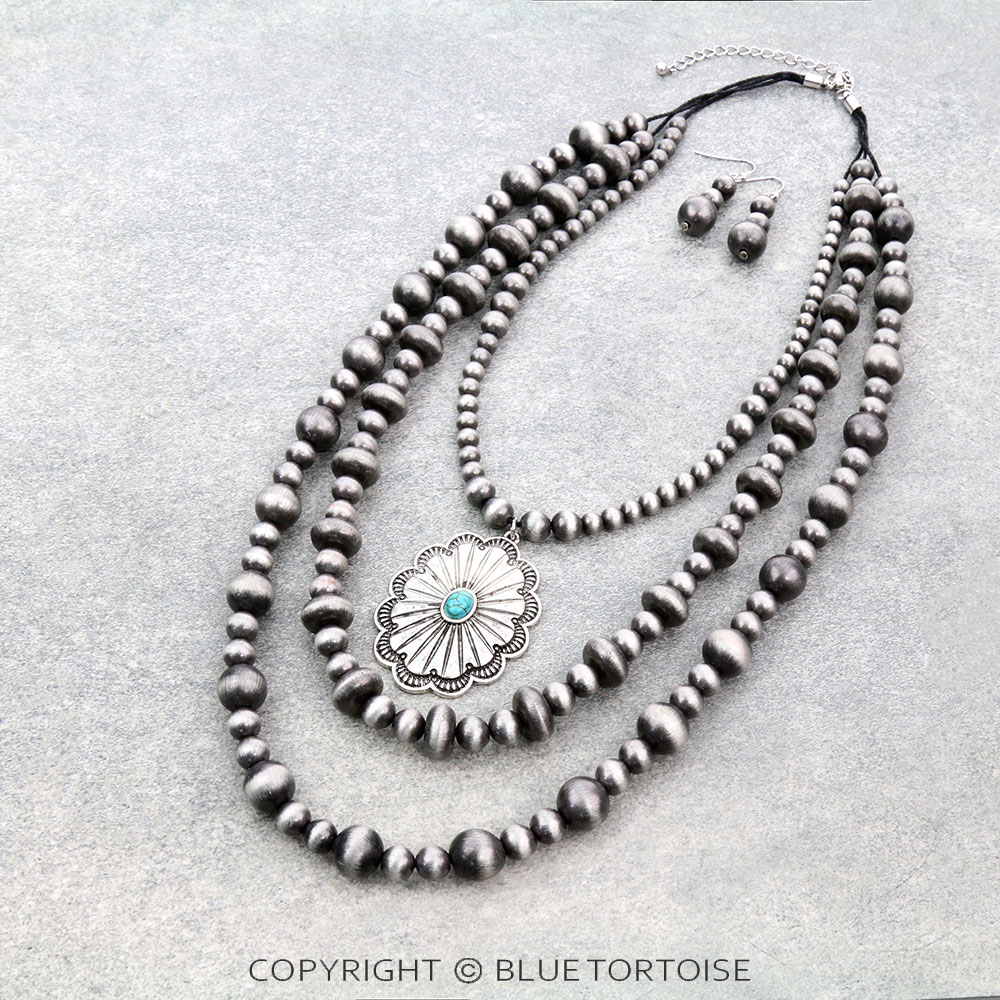 Navajo Style Pearl Multi-Strand with Concho Necklace Set