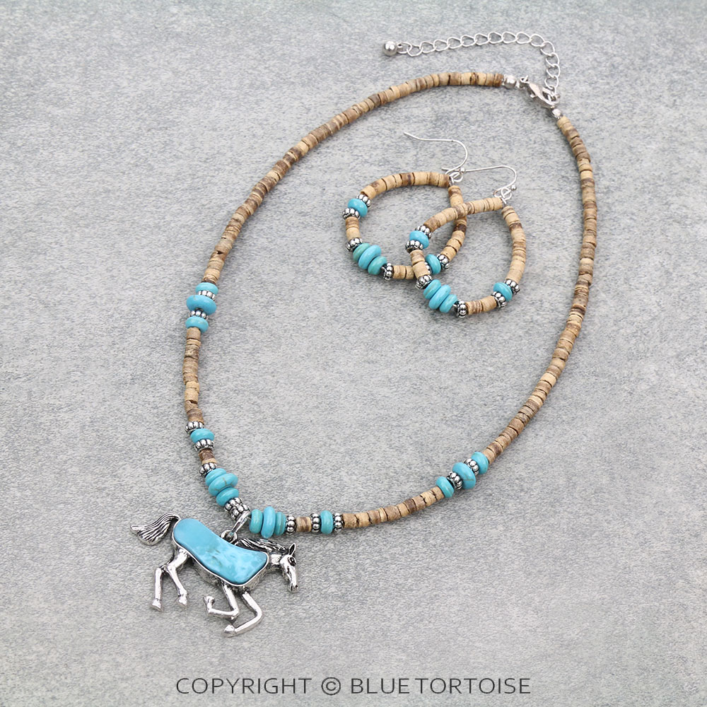 Horse Pendant Wood Bead Necklace Set