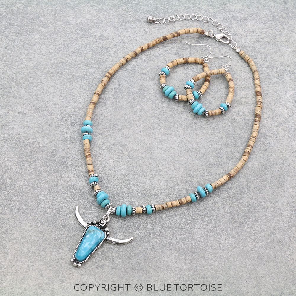 Steer Skull Pendant Wood Bead Necklace Set