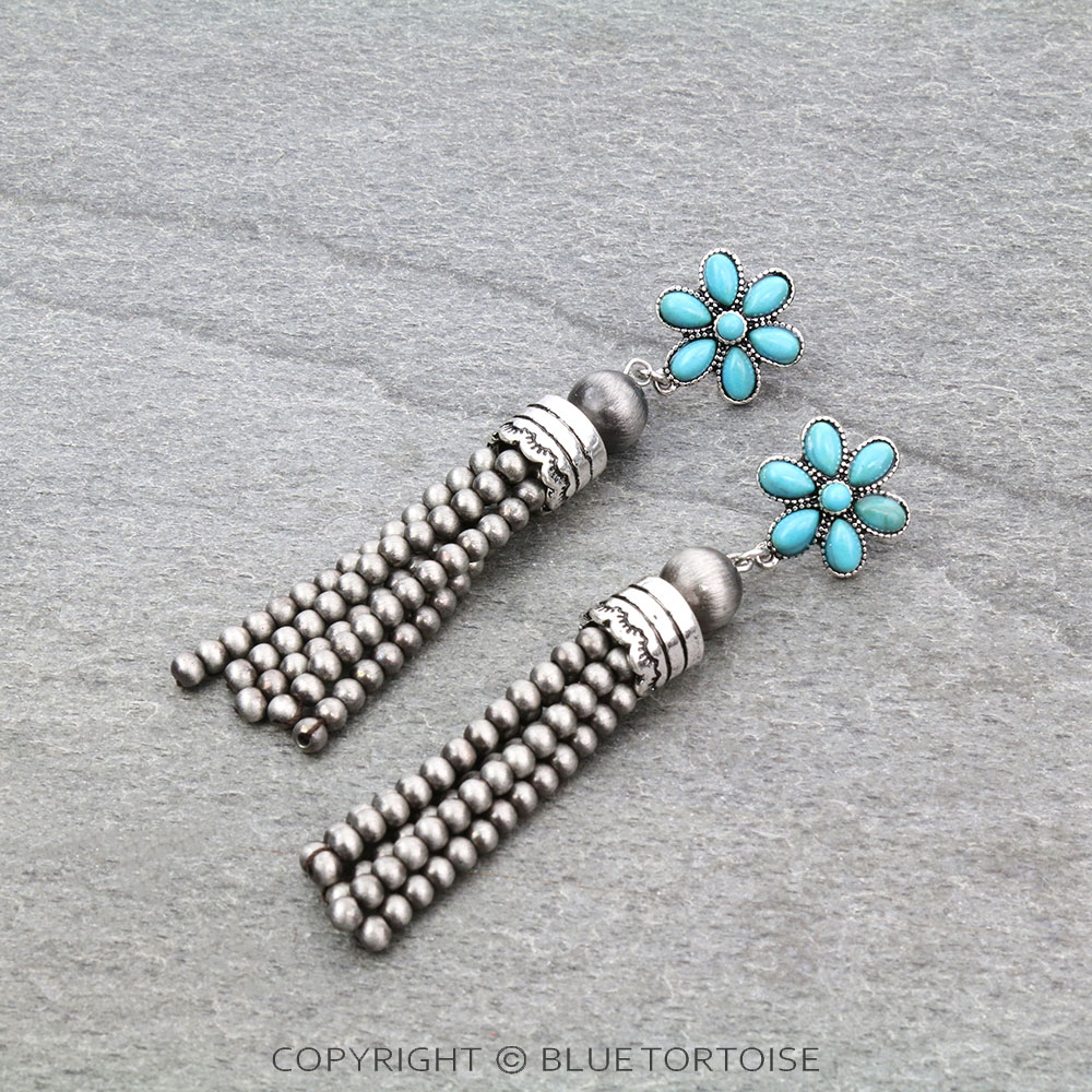 Navajo Style Pearl Tassel with Flower Stone Stud Earrings