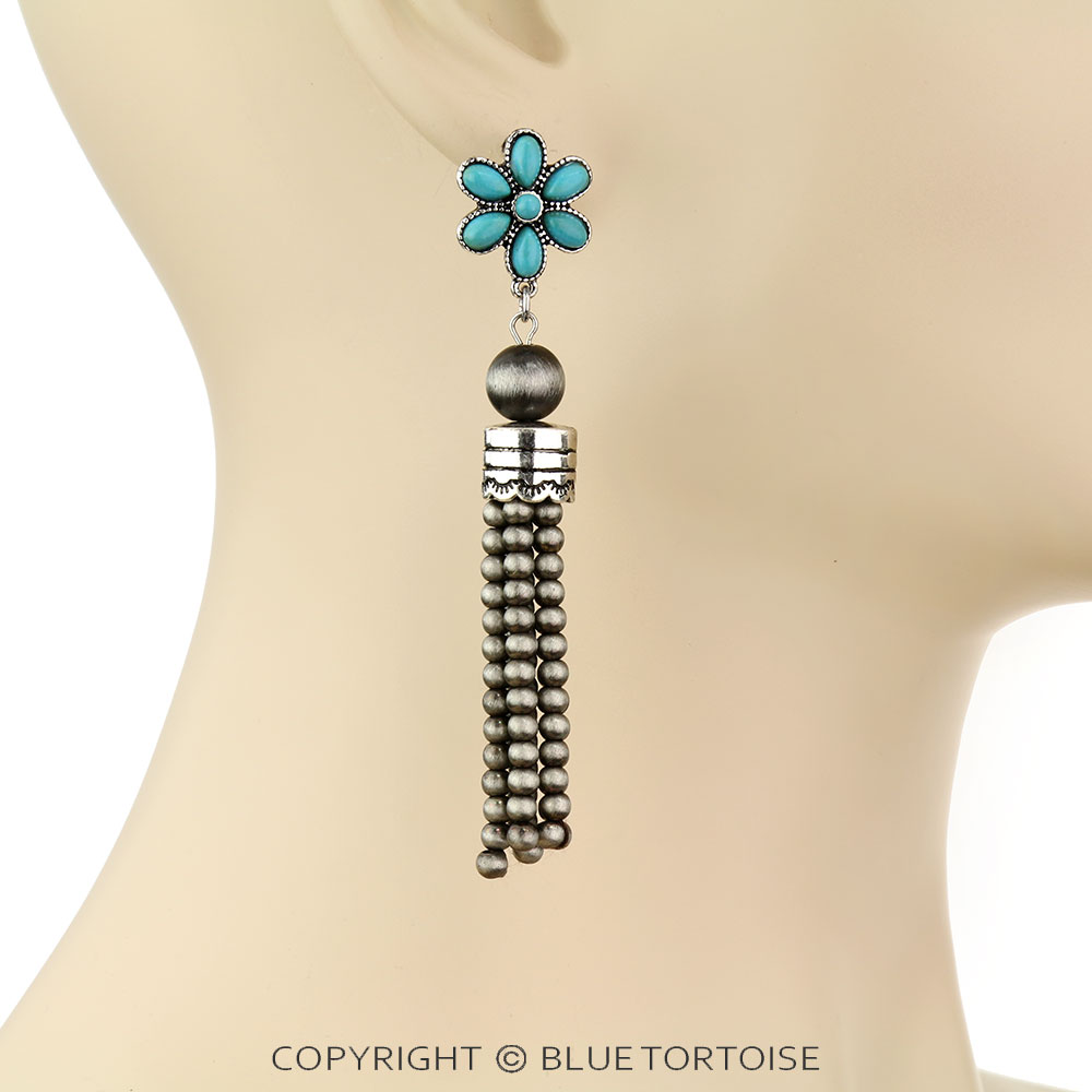 Navajo Style Pearl Tassel with Flower Stone Stud Earrings - Image 2