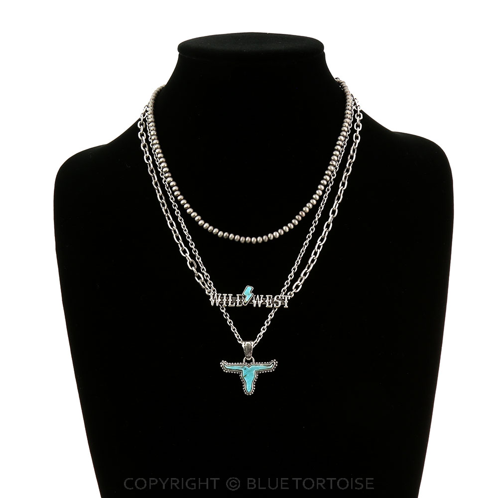 Multi Layered with Steer Cow Head Stone Pendant Necklace - Image 2