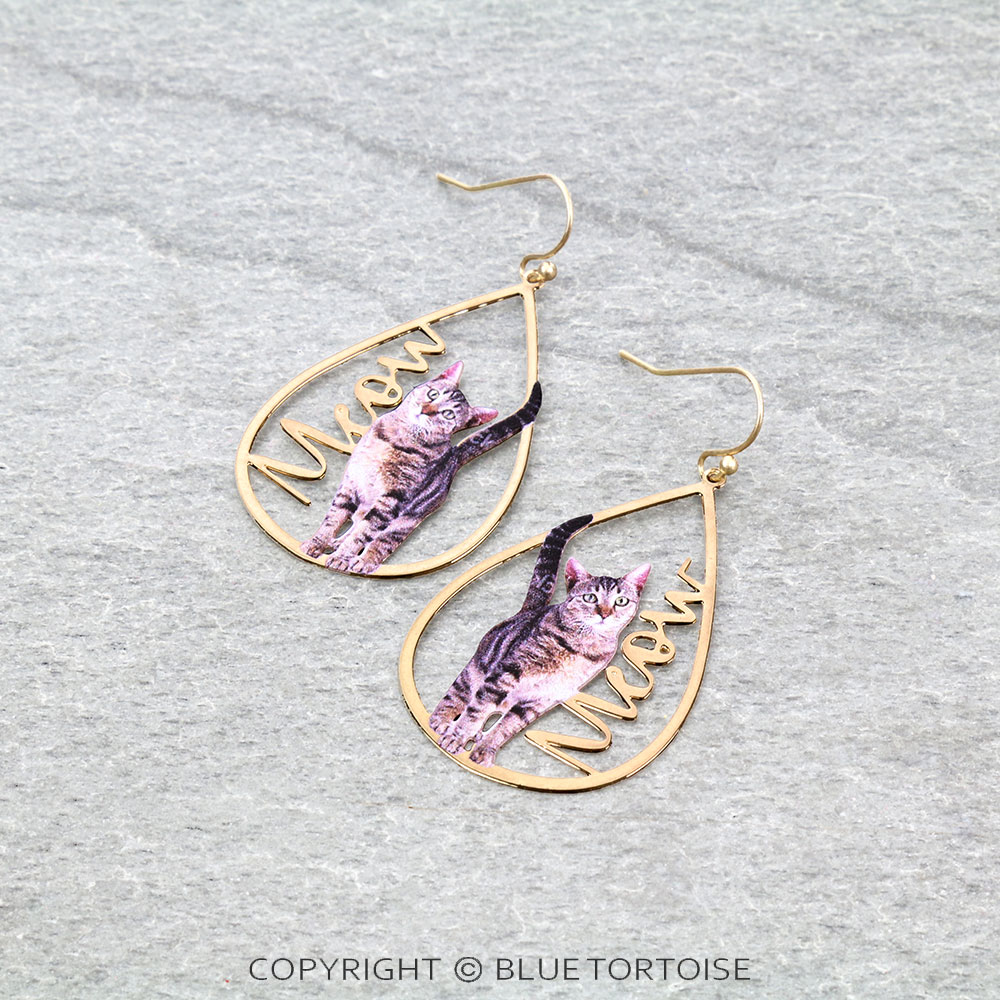 Cat Print Teardrop Dangle Earrings