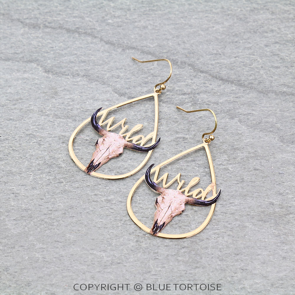 Steer Skull Print Teardrop Dangle Earrings
