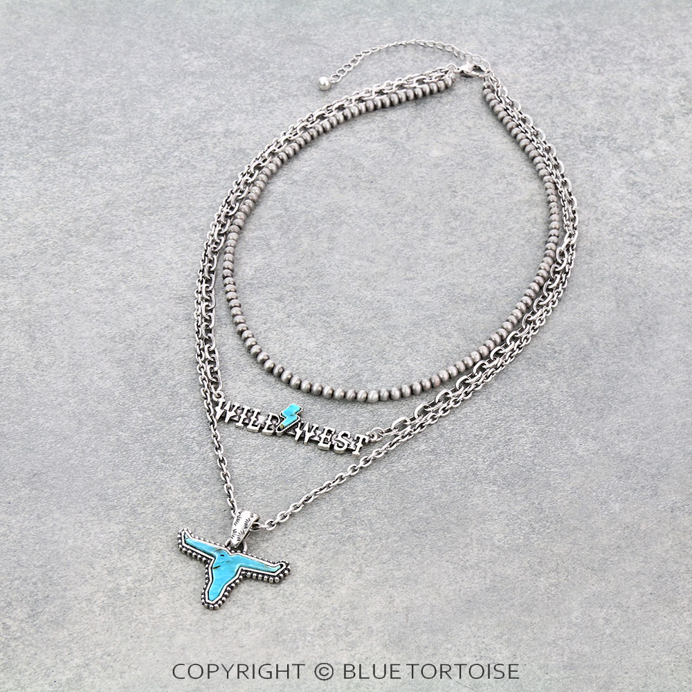 Multi Layered with Steer Cow Head Stone Pendant Necklace