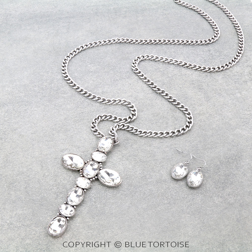 Cross Stone Long Chain Necklace Set