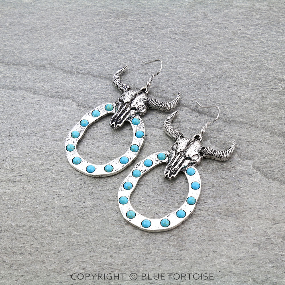 Western Steer Skull Stone Dangle Earrings