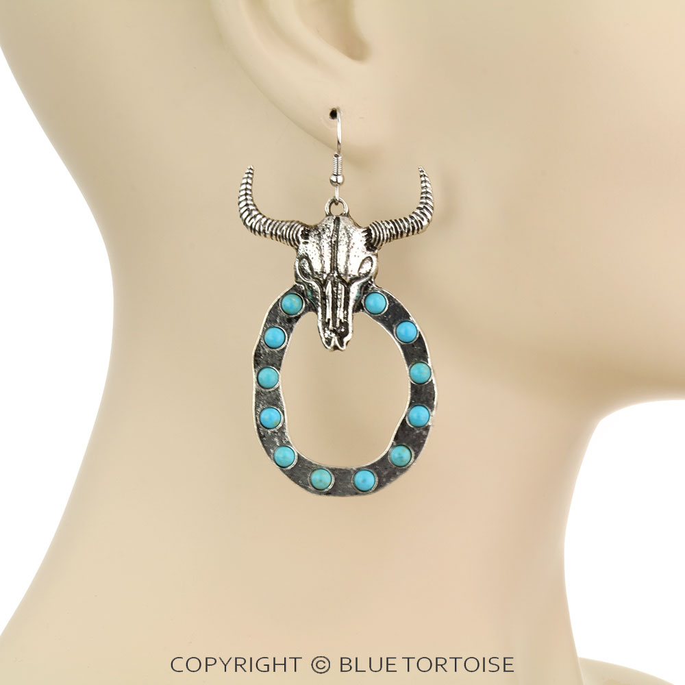 Western Steer Skull Stone Dangle Earrings - Image 2