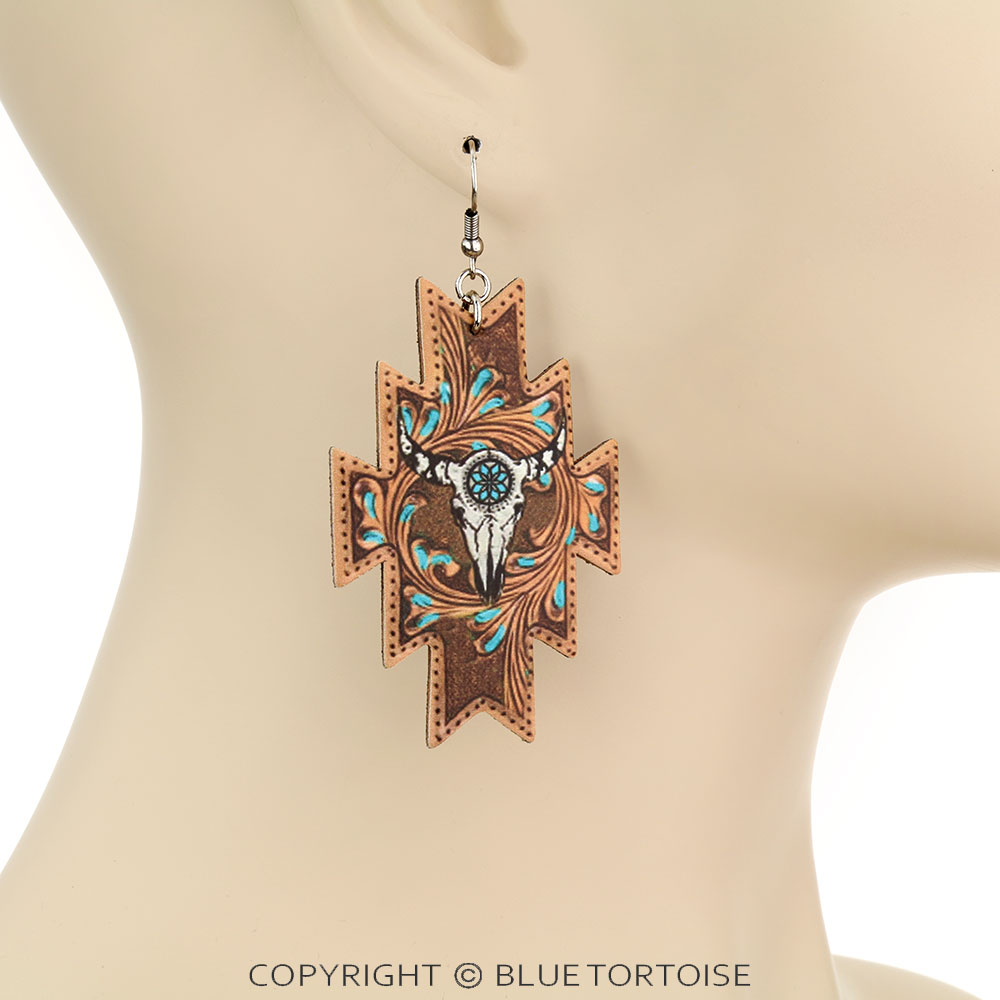 Steer Skull Aztec Leather Dangle Earrings - Image 2