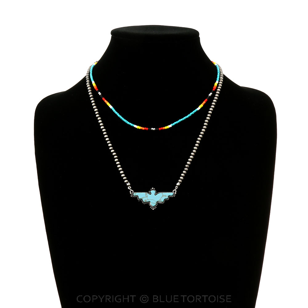 Navajo Style Pearl & Bead Thunderbird Stone Necklace Set - Image 2