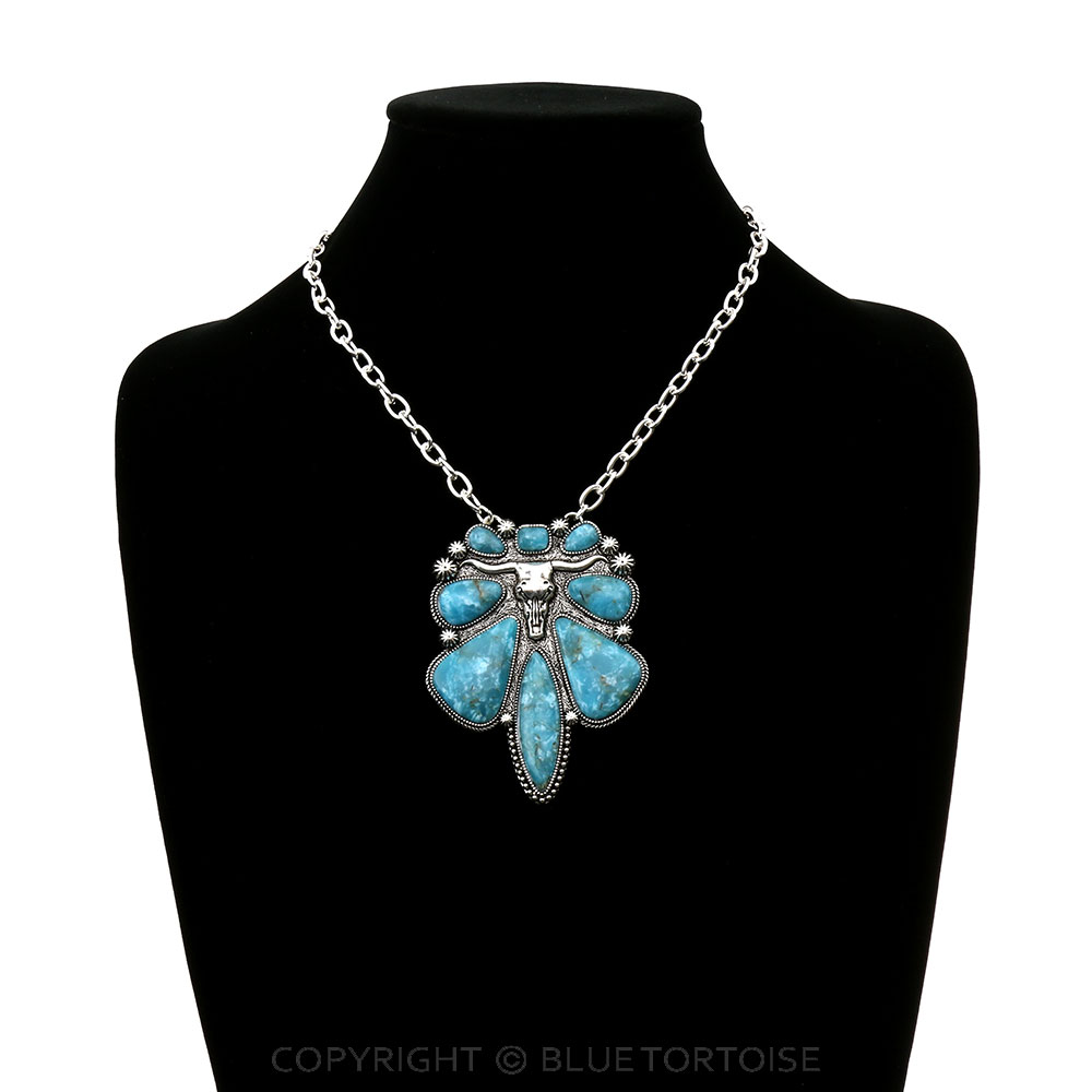Western Steer Skull Stone Pendant Necklace - Image 2