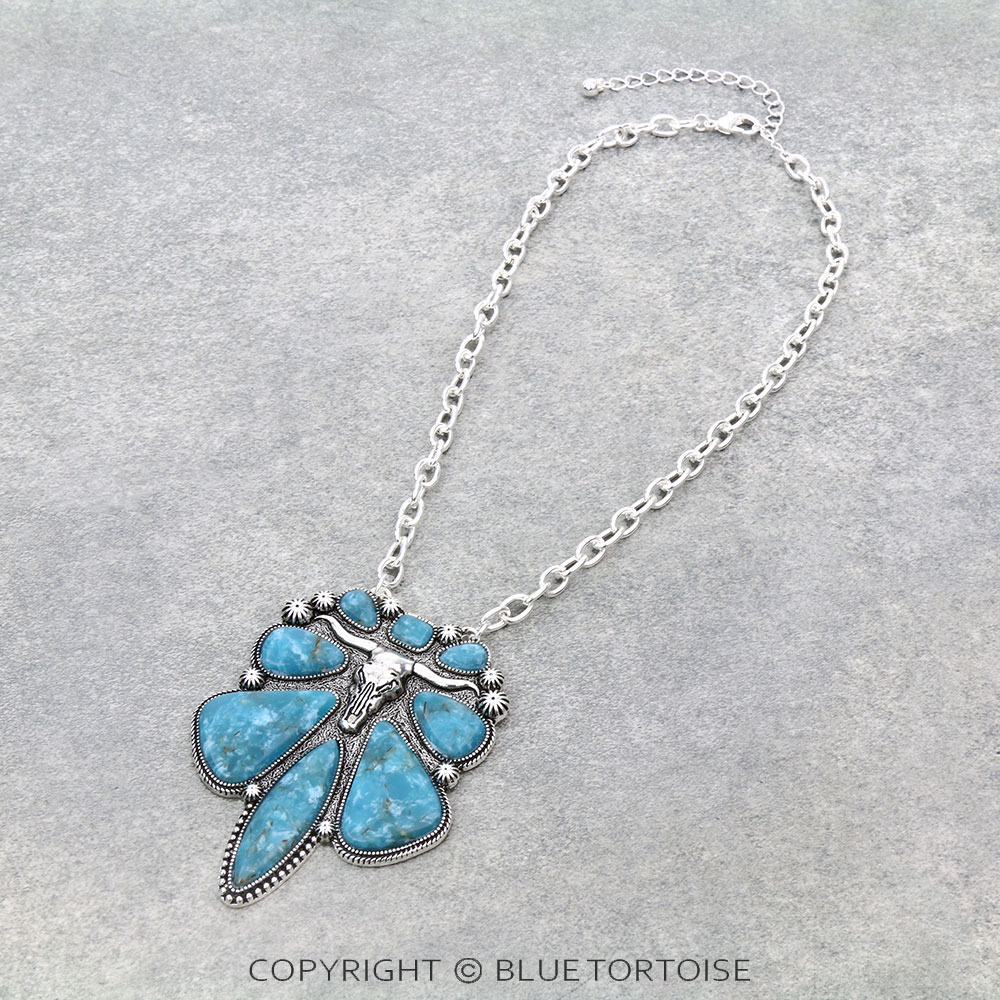 Western Steer Skull Stone Pendant Necklace