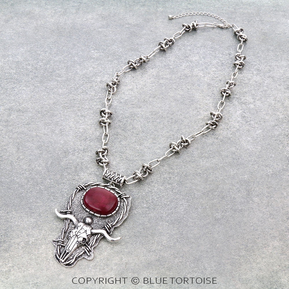 Western Steer Skull Pendant with Barbed Wire Necklace