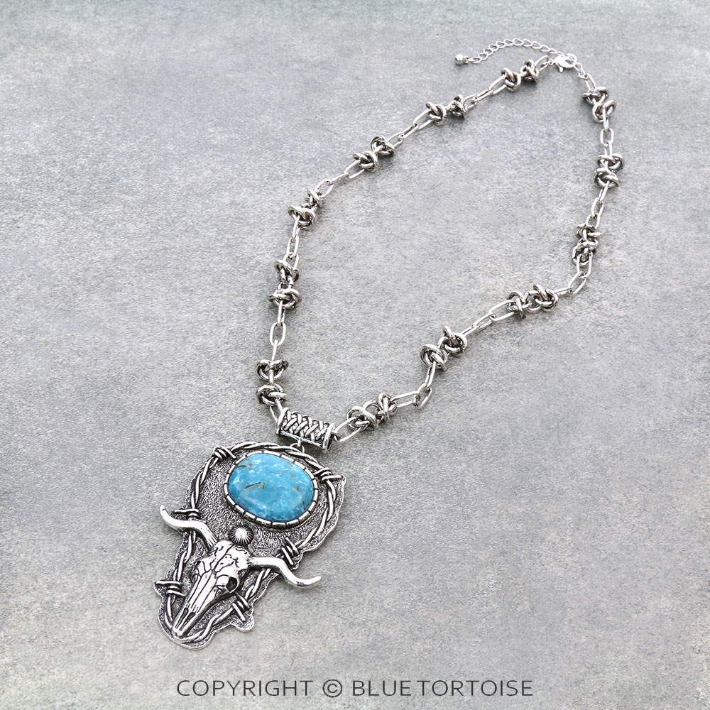 Western Steer Skull Pendant with Barbed Wire Necklace