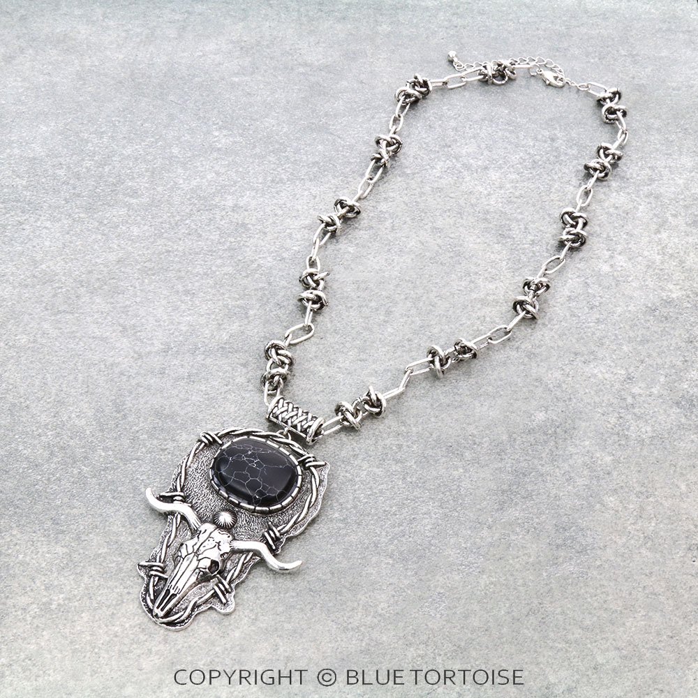 Western Steer Skull Pendant with Barbed Wire Necklace