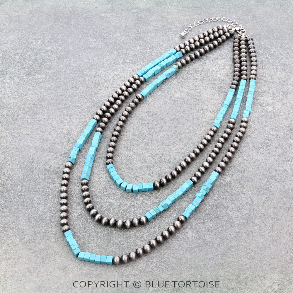 Navajo Style Pearl & Cubic Stone Necklace