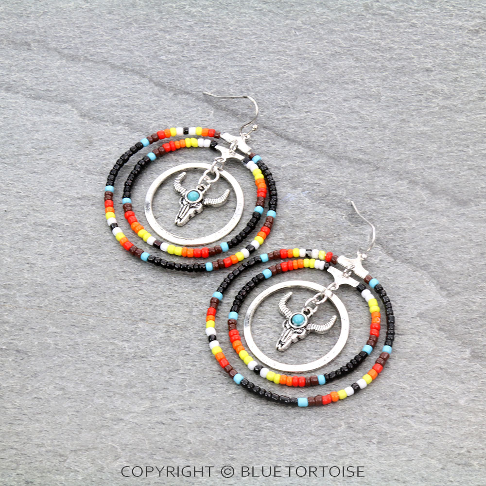 Steer Skull with Seed Bead Dangle Earrings