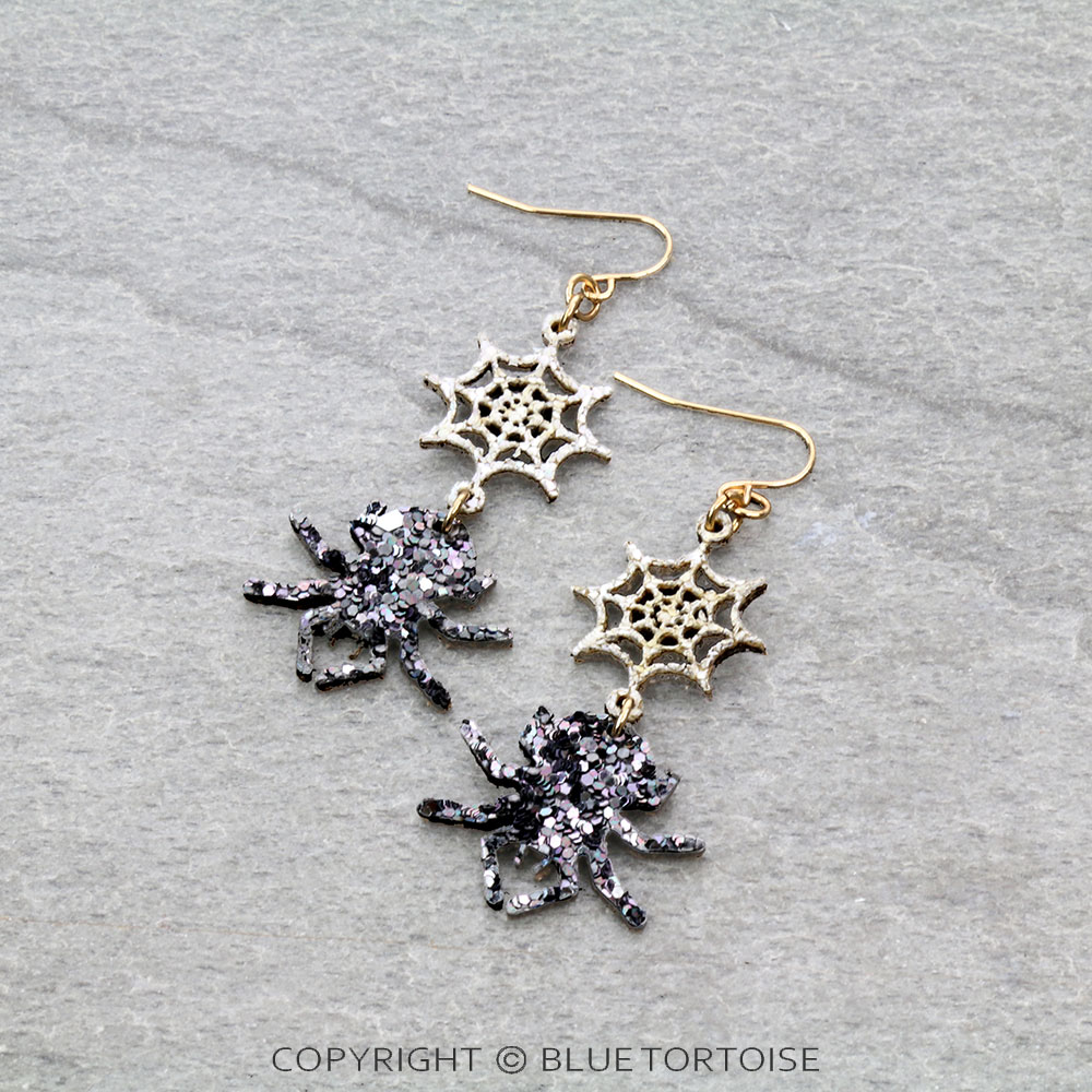 Halloween Glitter Spider Dangle Earrings