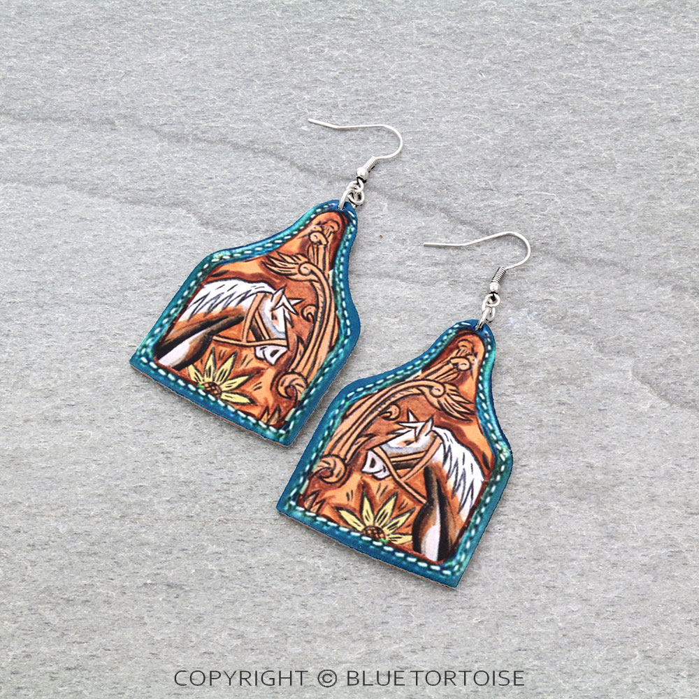Horse Ear Tag Leather Dangle Earrings