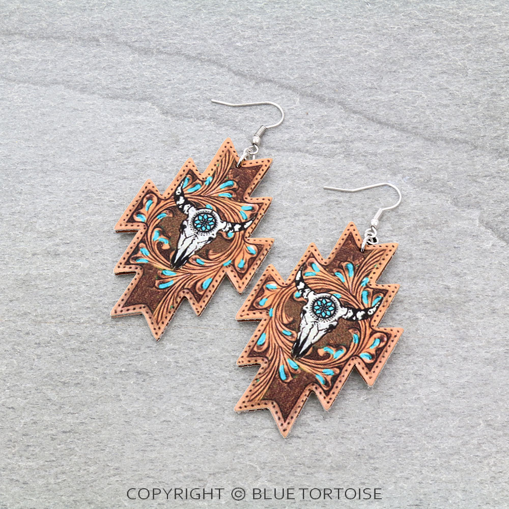 Steer Skull Aztec Leather Dangle Earrings