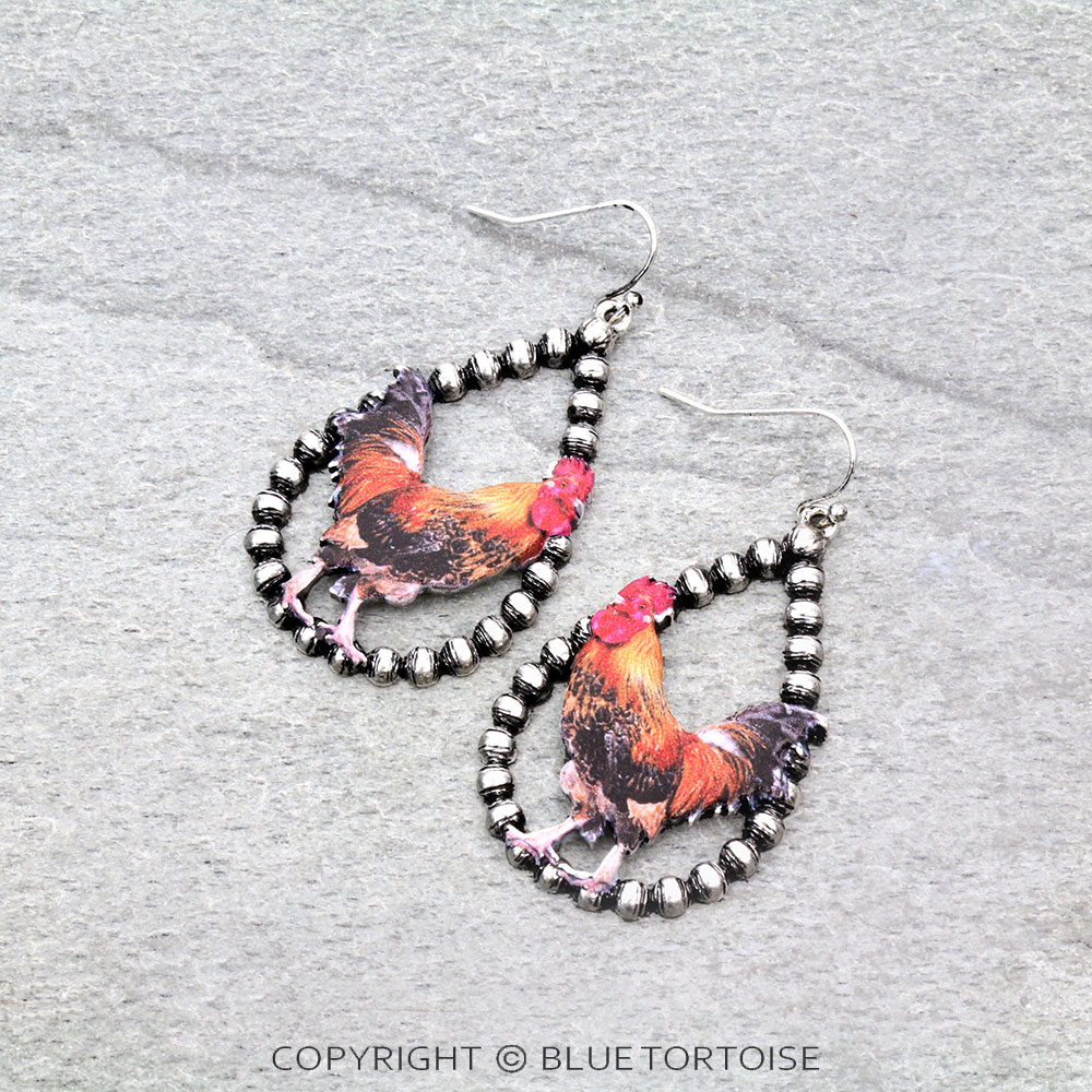 Western Rooster Print Dangle Earrings