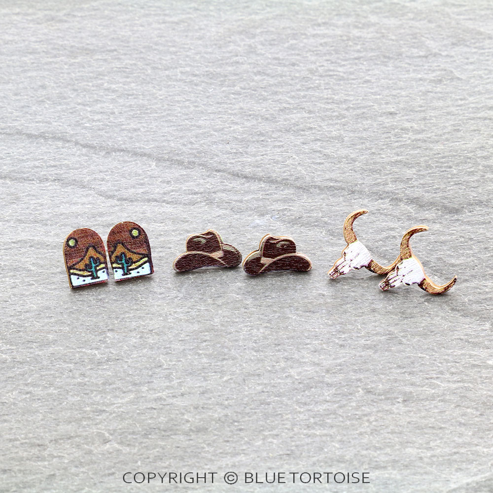 3 Pair Western Theme Wooden Earring Set