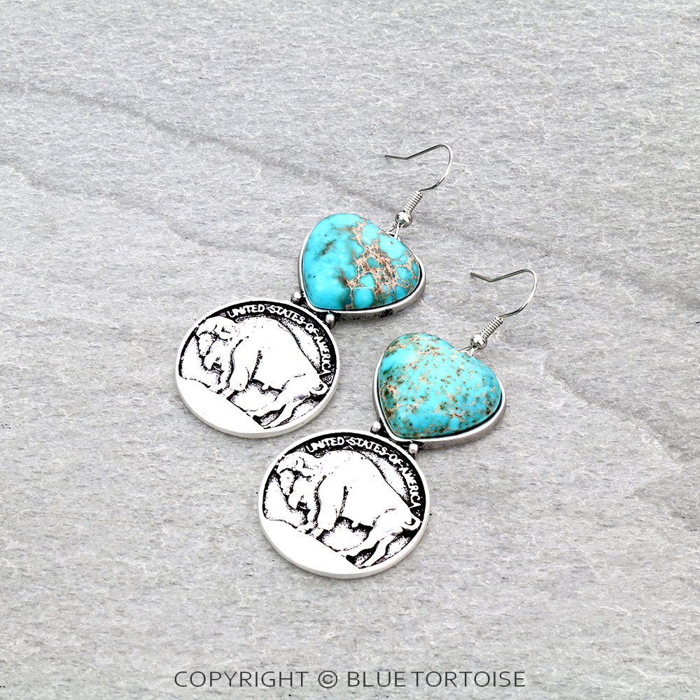 Western Buffalo Coin with Natural Stone Dangle Earrings