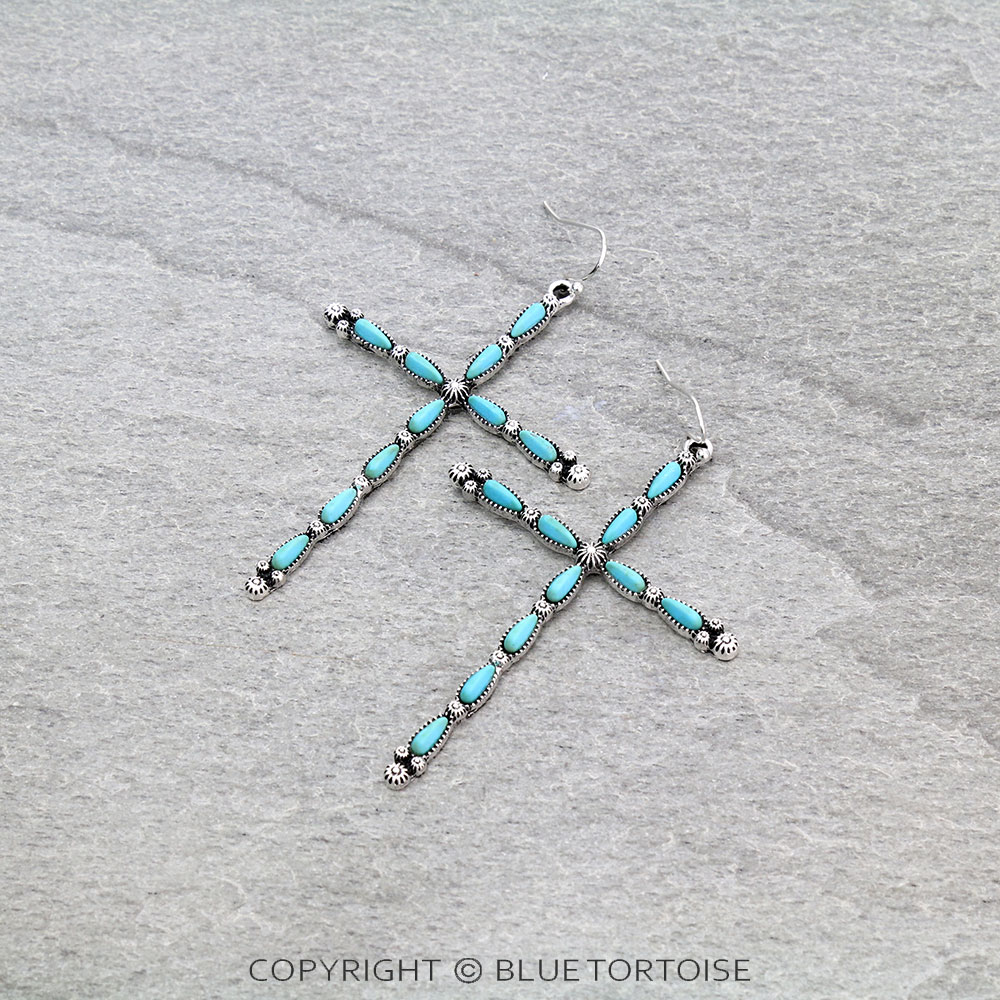 Western Slim Cross Stone Dangle Earrings