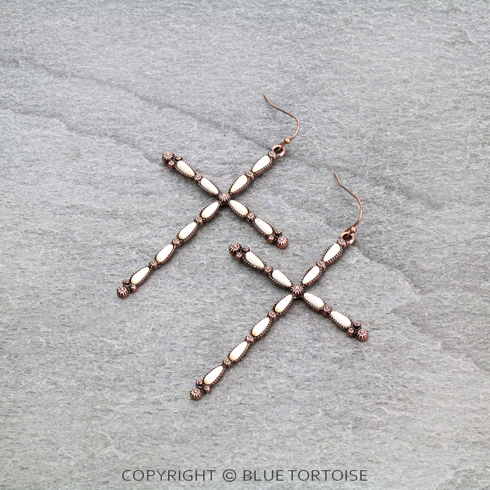 Western Slim Cross Stone Dangle Earrings