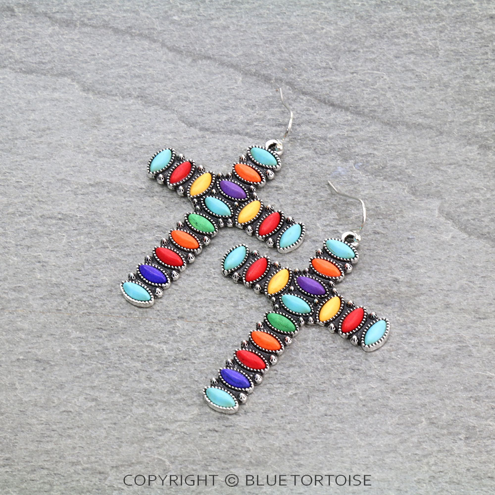 Western Cross Stone Dangle Earrings
