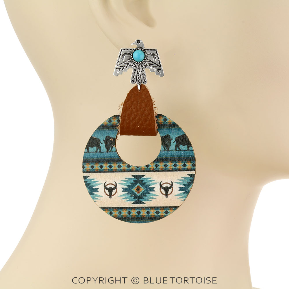 Western Wooden Aztec with Thunderbird Stud Earrings - Image 2