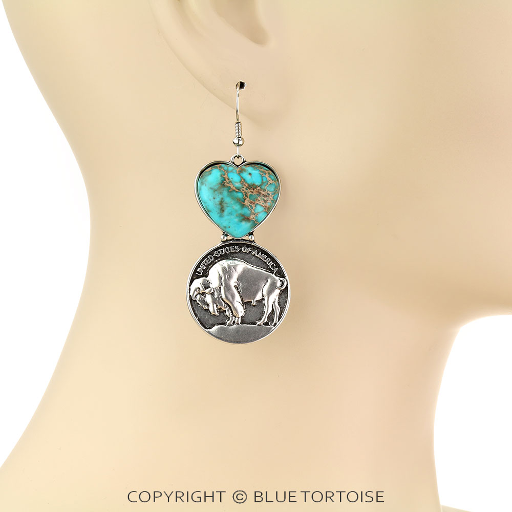 Western Buffalo Coin with Natural Stone Dangle Earrings - Image 2