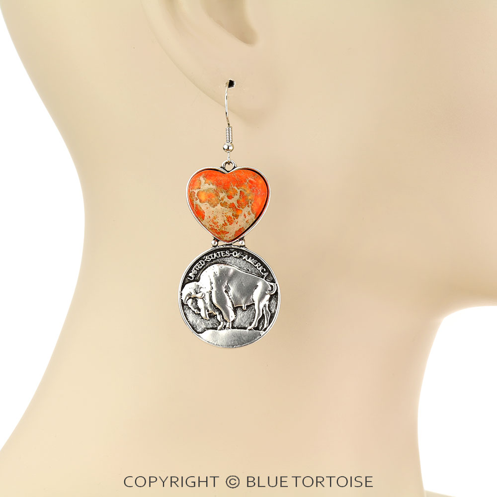 Western Buffalo Coin with Natural Stone Dangle Earrings - Image 2