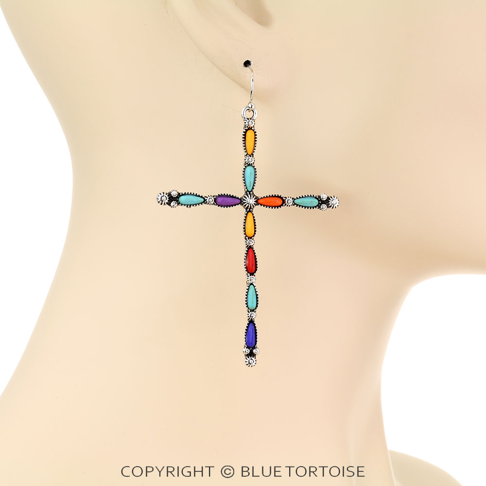Western Slim Cross Stone Dangle Earrings - Image 2