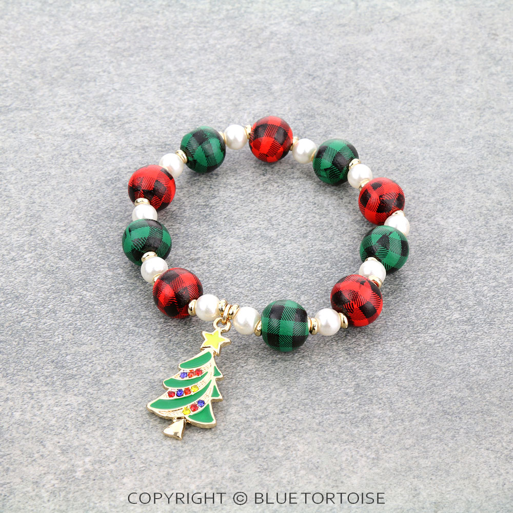 Christmas Tree Plaid Bead Stretch Bracelet
