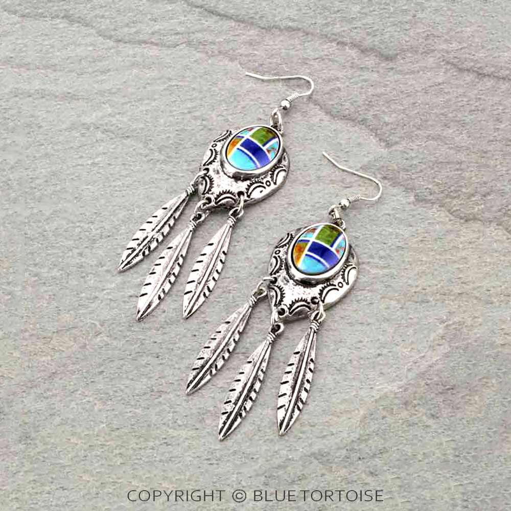 Western Design Feather Dangle Fish Hook Earrings