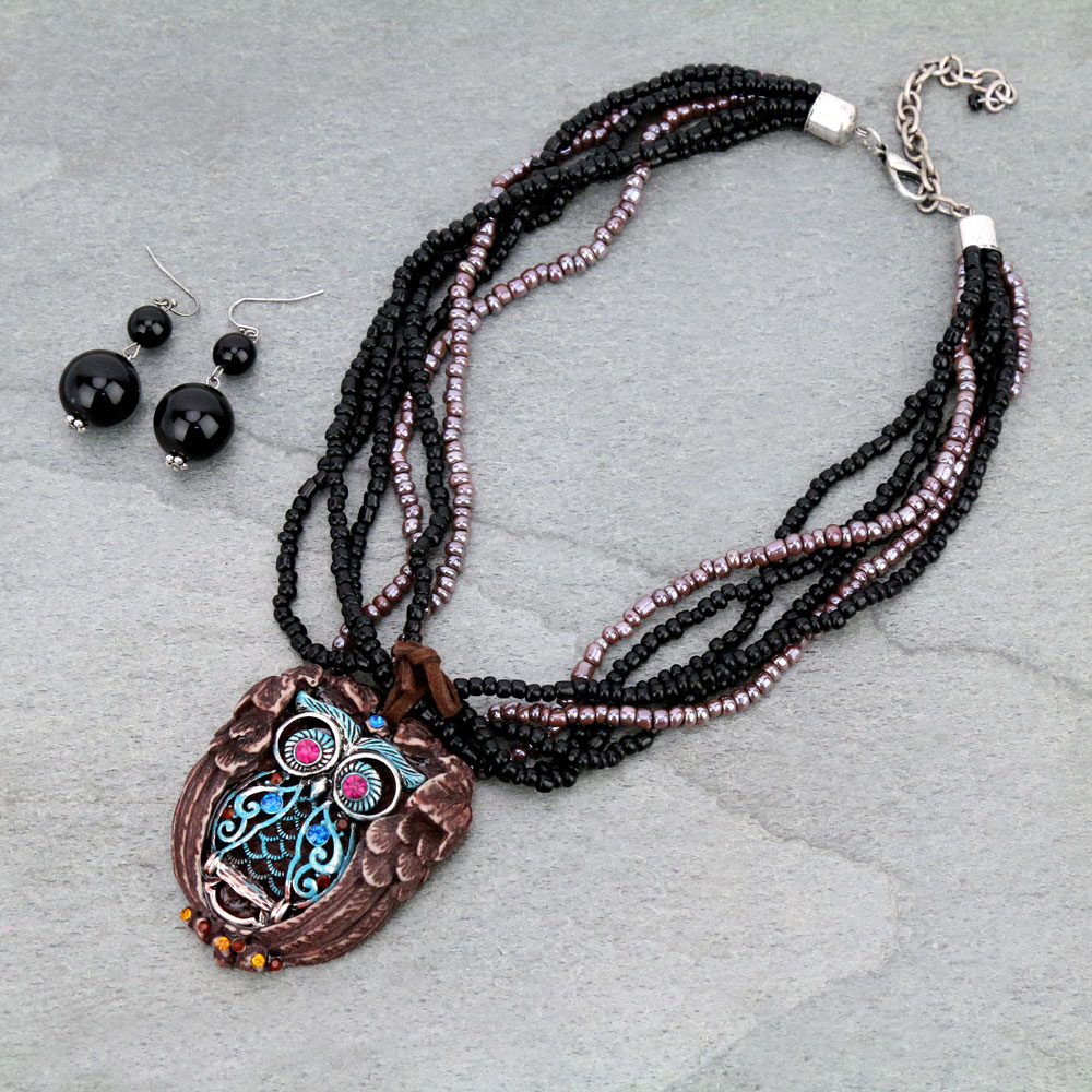 Owl Pendant Bead Necklace Set