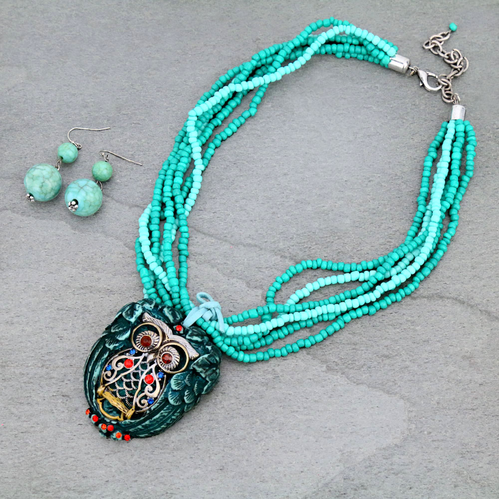 Owl Pendant Bead Necklace Set