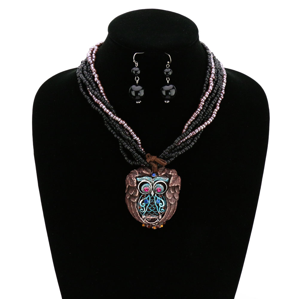 Owl Pendant Bead Necklace Set - Image 2