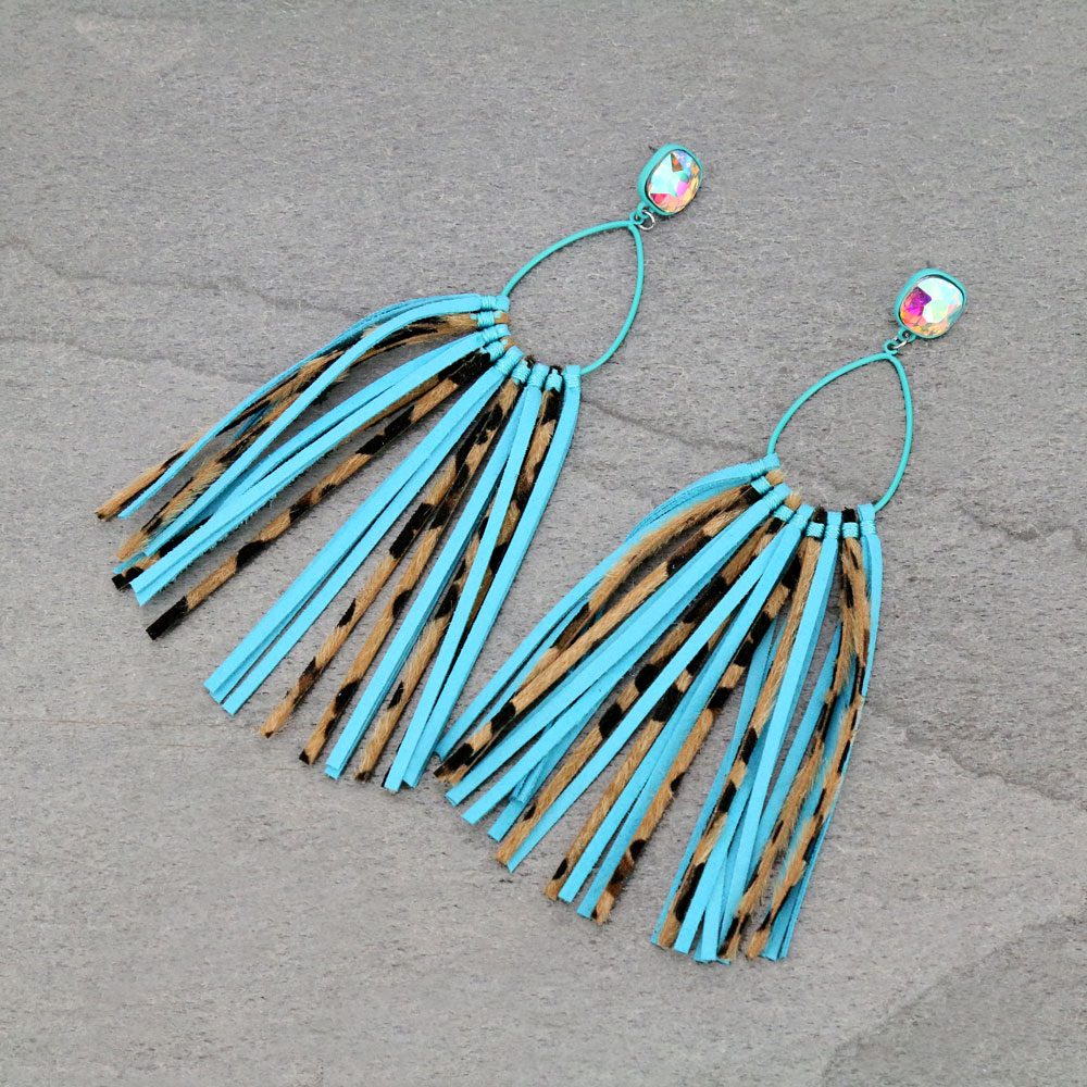 Glass Stone Teardrop Leather Tassel Stud Earrings
