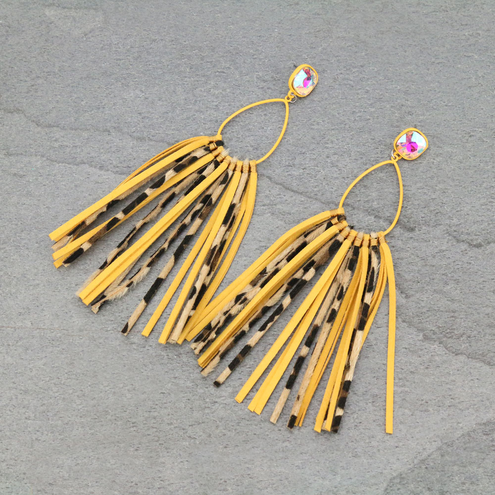 Glass Stone Teardrop Leather Tassel Stud Earrings