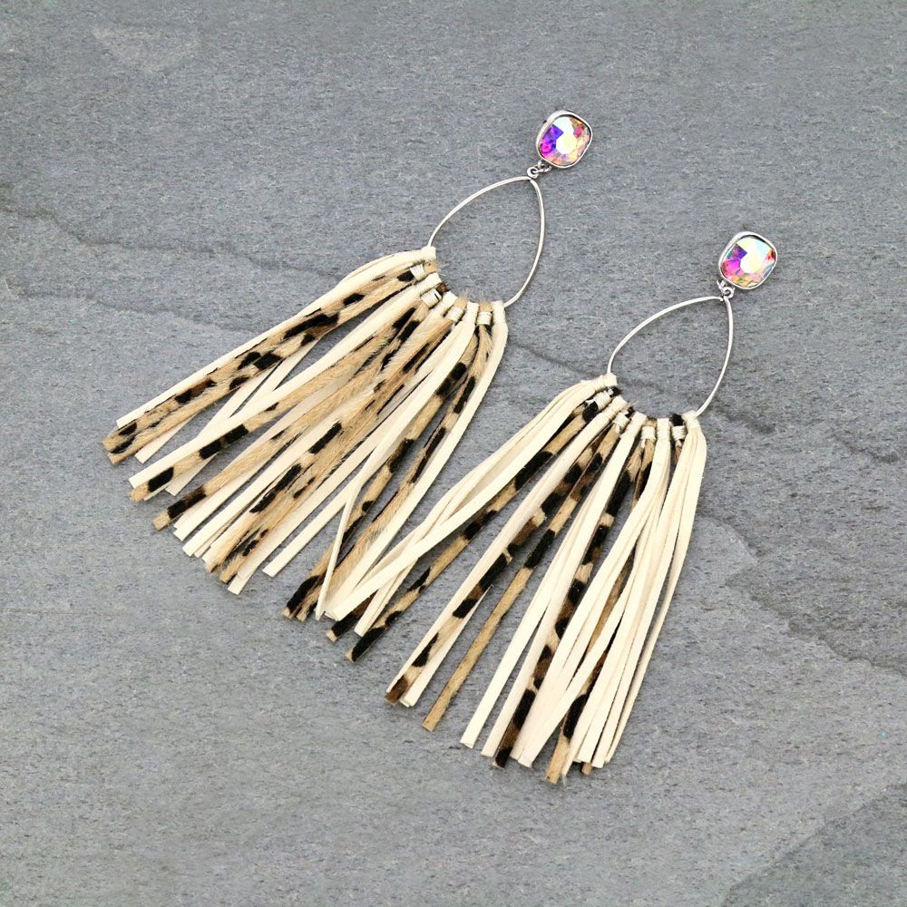 Glass Stone Teardrop Leather Tassel Stud Earrings