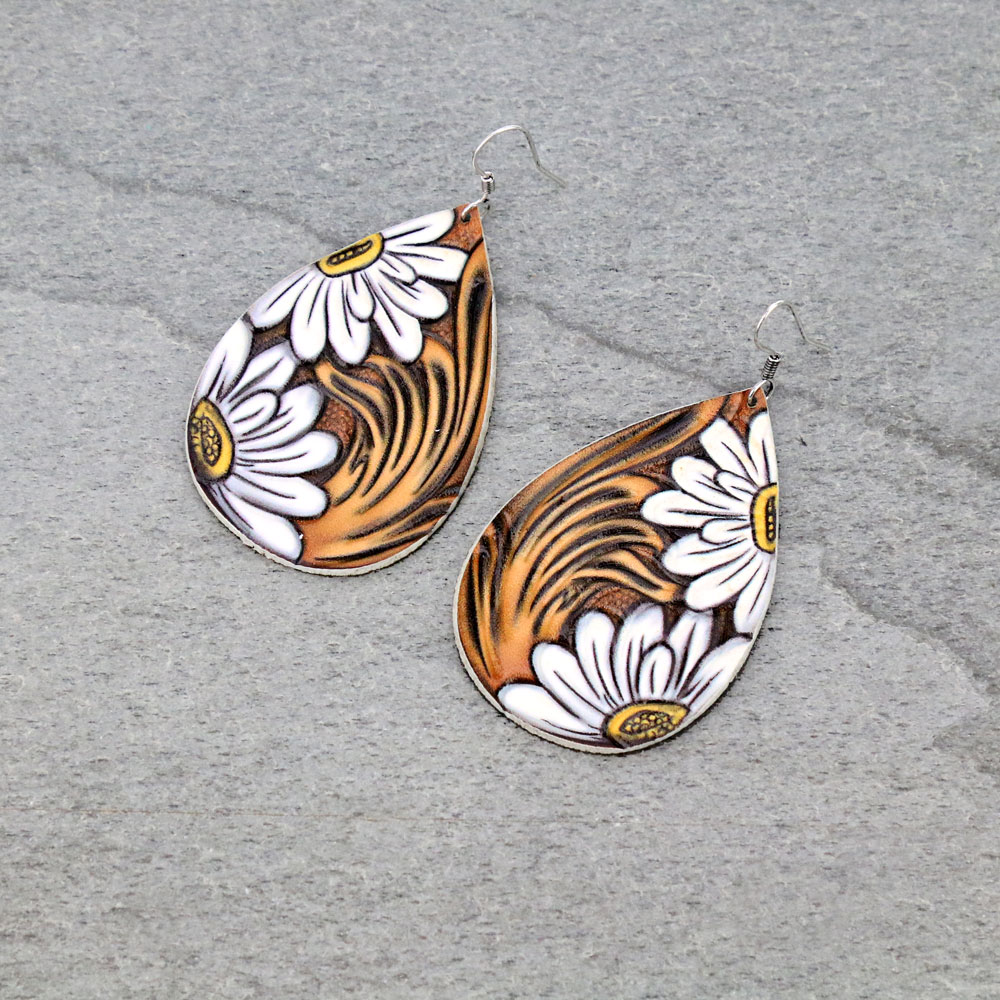 Flower Print Leather Dangle Earrings