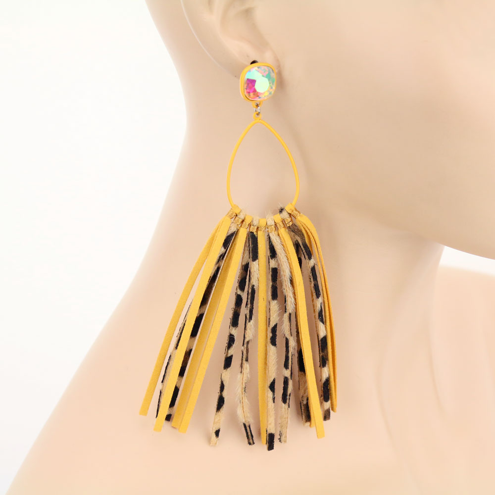 Glass Stone Teardrop Leather Tassel Stud Earrings - Image 2