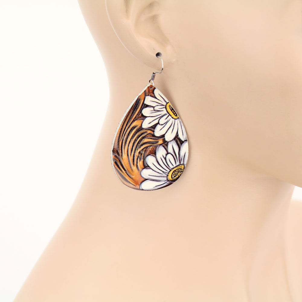 Flower Print Leather Dangle Earrings - Image 2